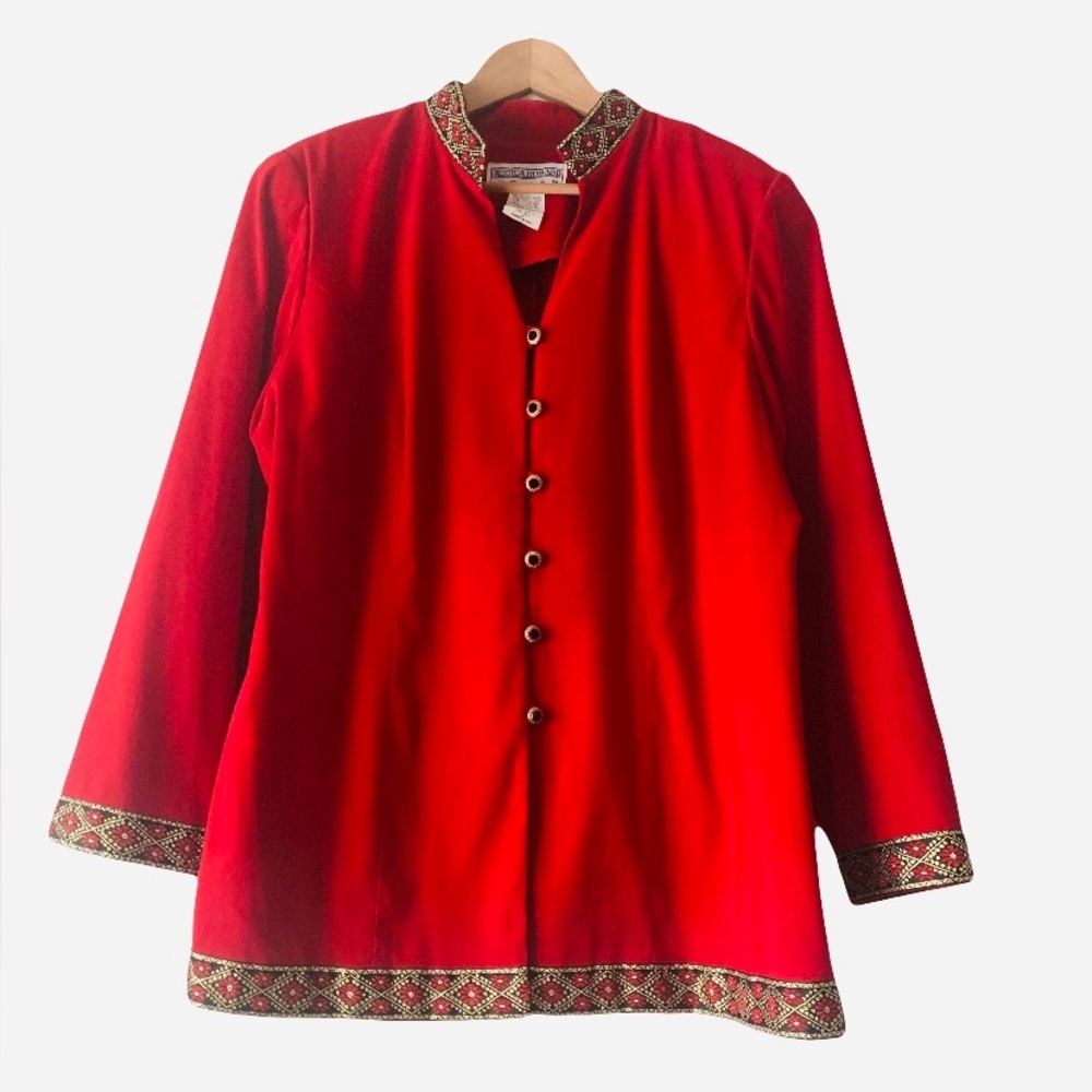 Vintage Jessica Howard Red Embroidered Trim Blazer Jacket Women Size 18 Holiday
